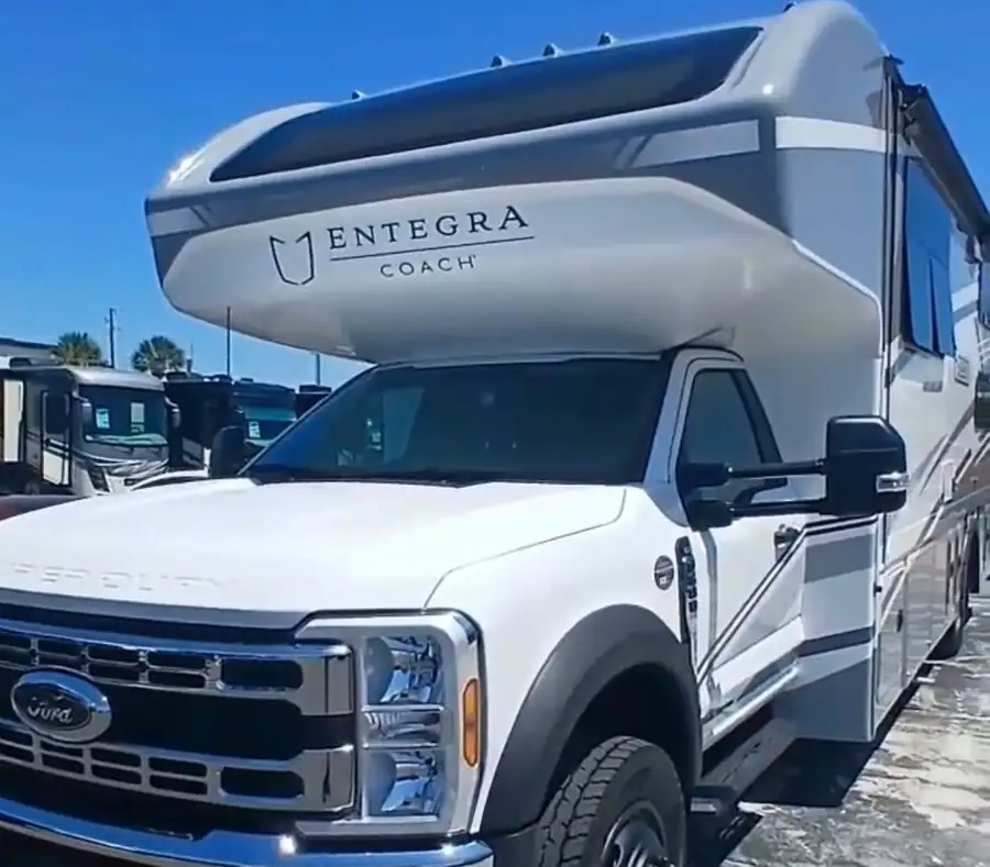Class C motorhome with a section built over the driver cab